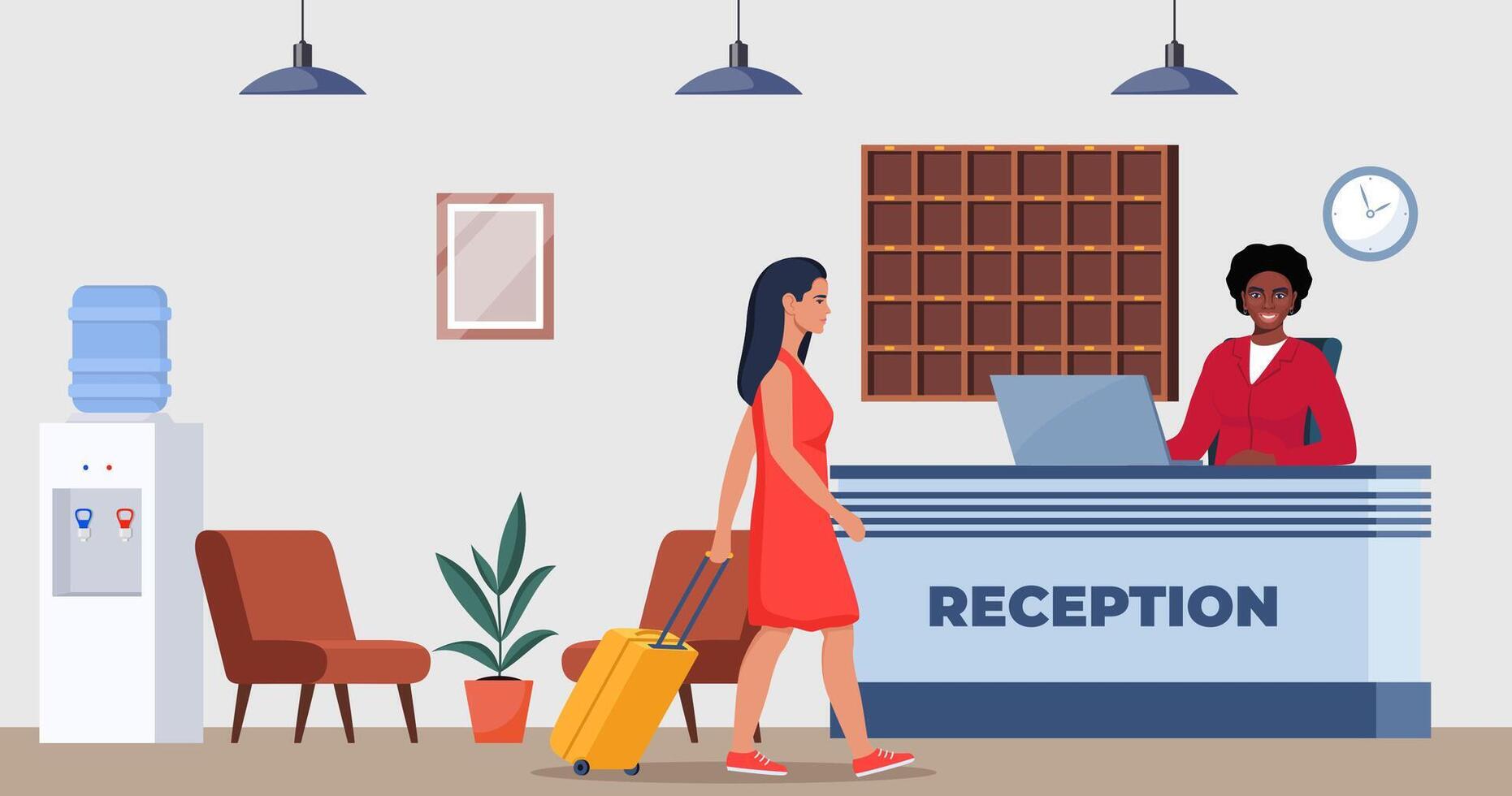 Hotel lobby, reception. Black woman receptionist behind the desk, guest with baggage checking in. Hotel Arriving. Tourism, business trip concept. Interior of inn. illustration. vector