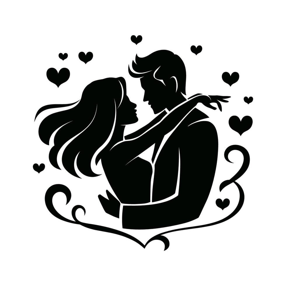 A black and white silhouette of a man and woman hugging vector