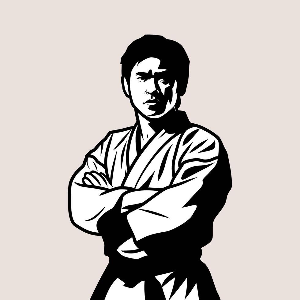 A black and white illustration of a man in karate gear vector