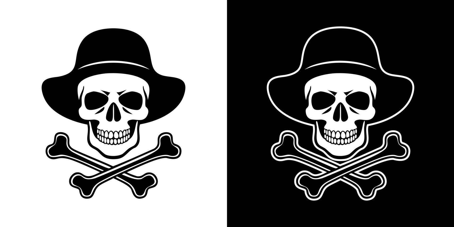 Two skull and crossbones with hats on black and white vector
