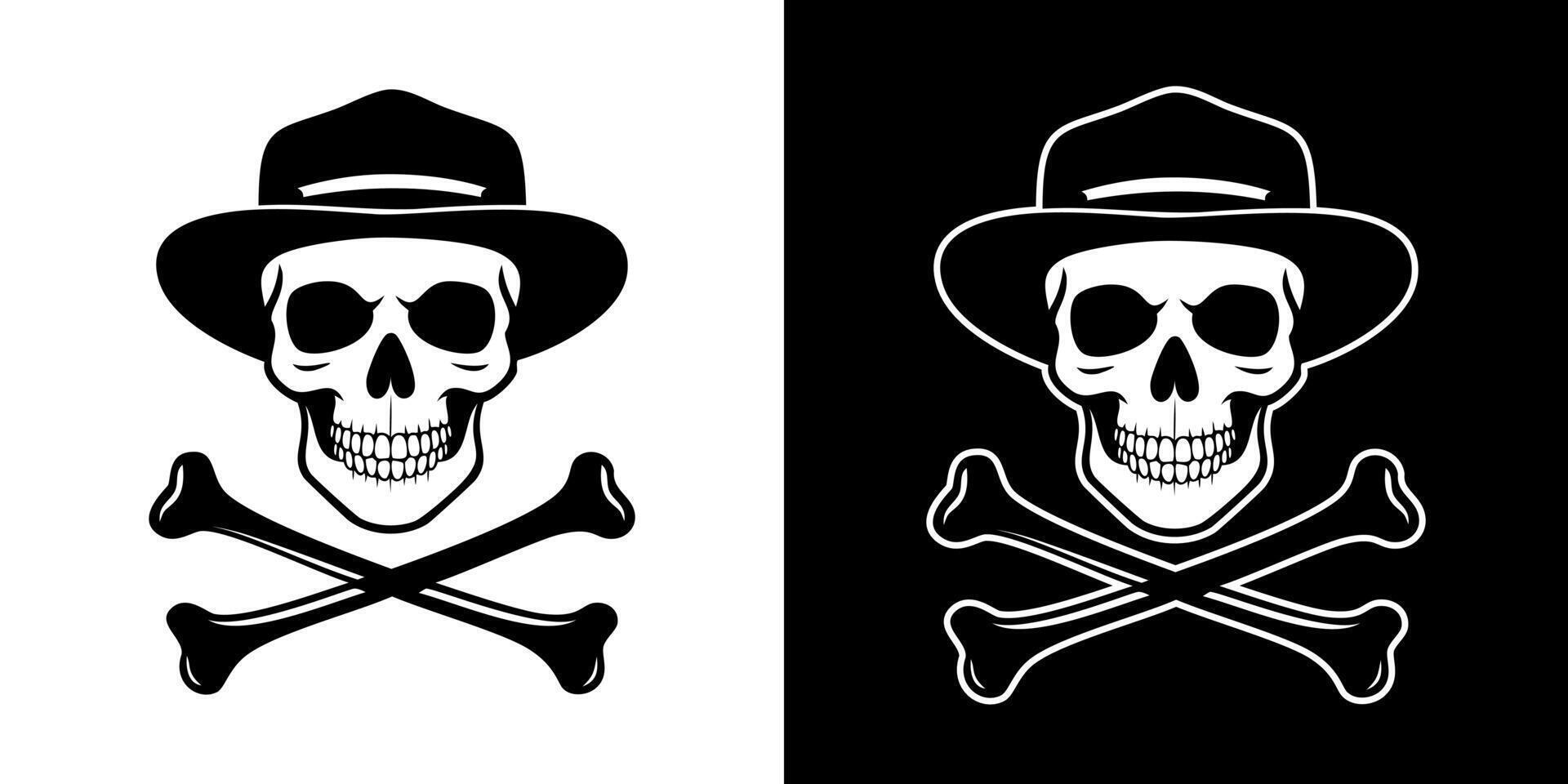 Two skull and crossbones with hats on black and white vector