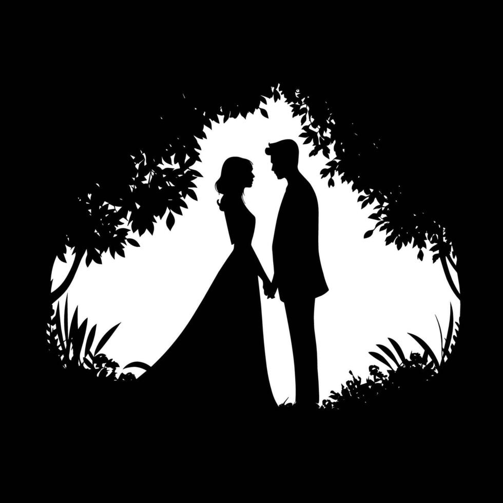 Silhouette of a bride and groom in the woods vector