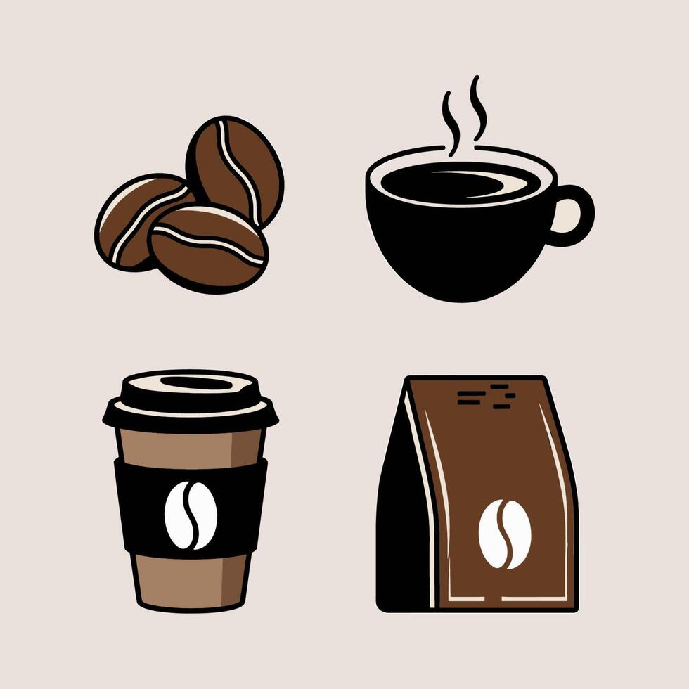 Coffee icon set with coffee beans, cup and bag vector