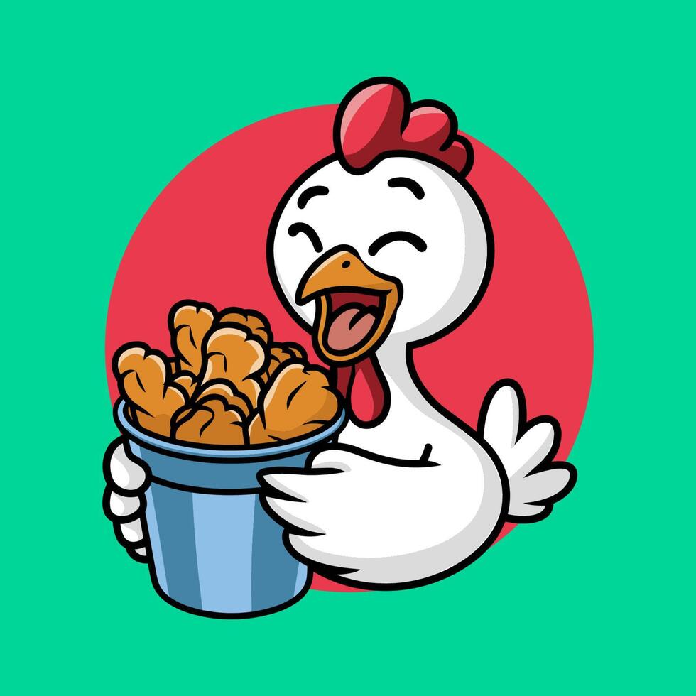A cartoon chicken holding a bucket of fried chicken vector