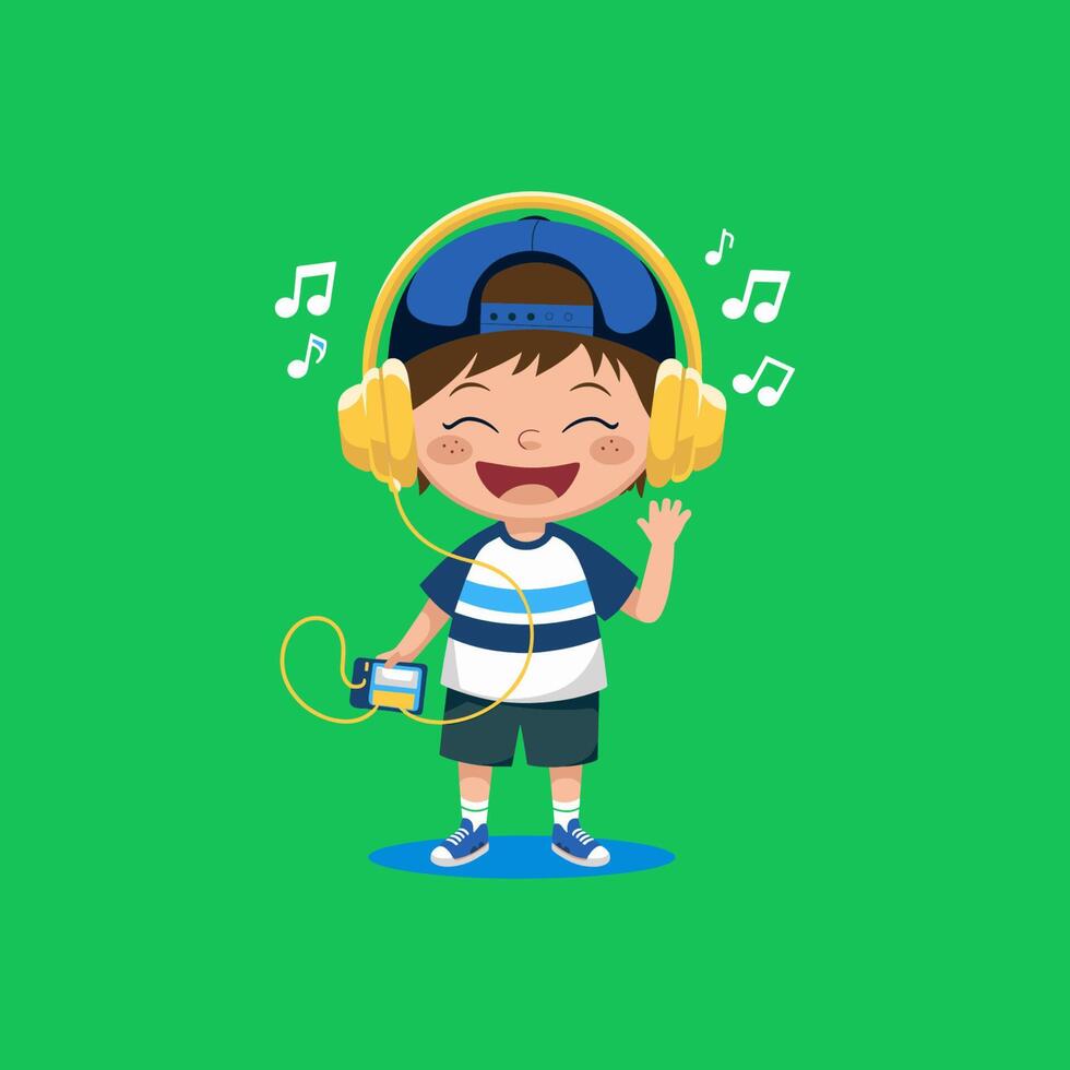 A cartoon boy wearing headphones and listening to music vector