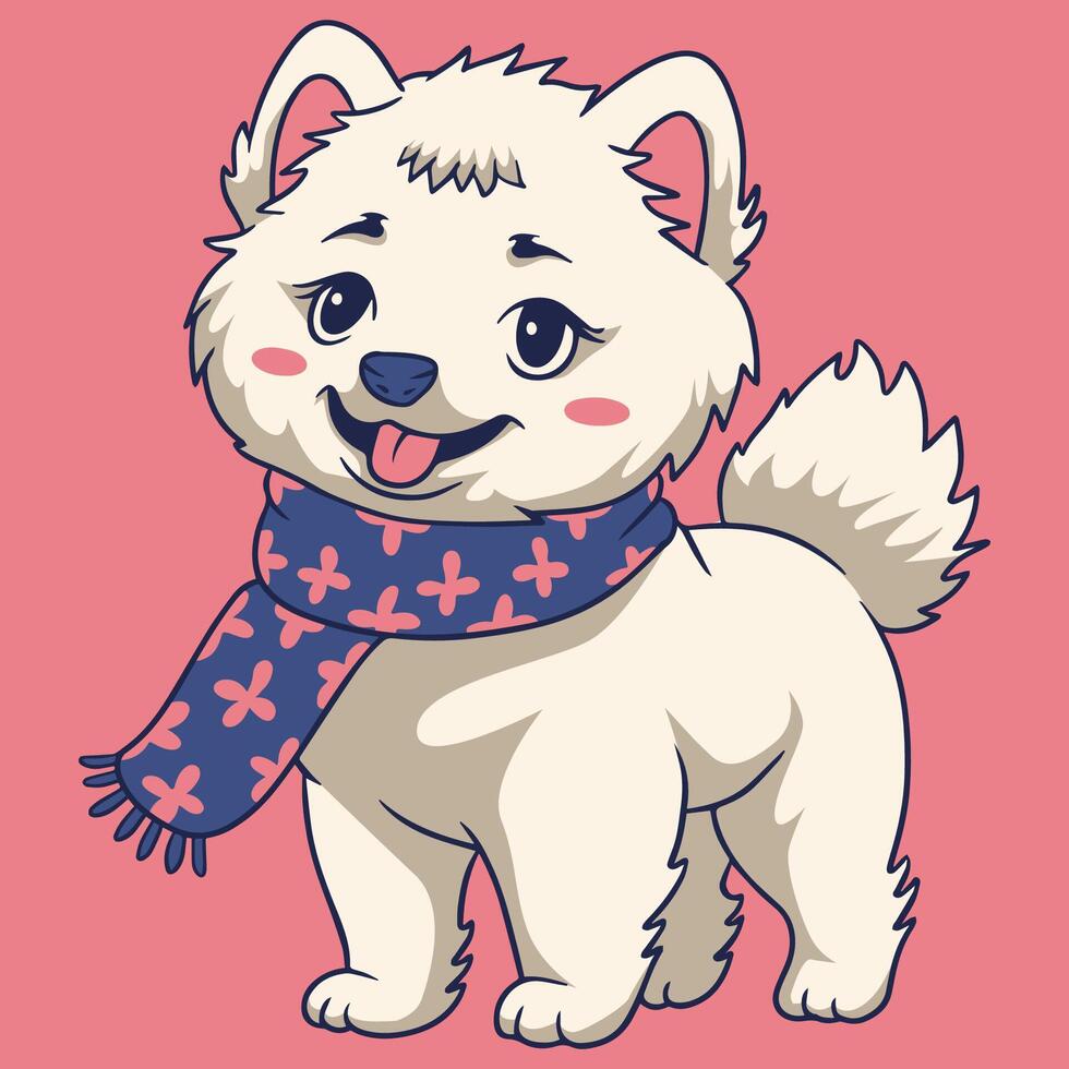 White fluffy Samoyed in scarf vector