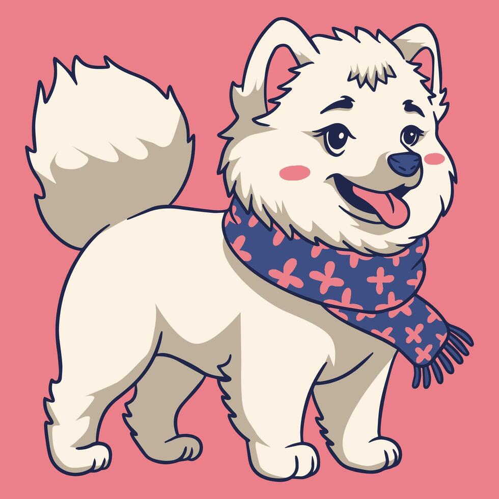 a cartoon dog wearing a scarf on a pink background vector