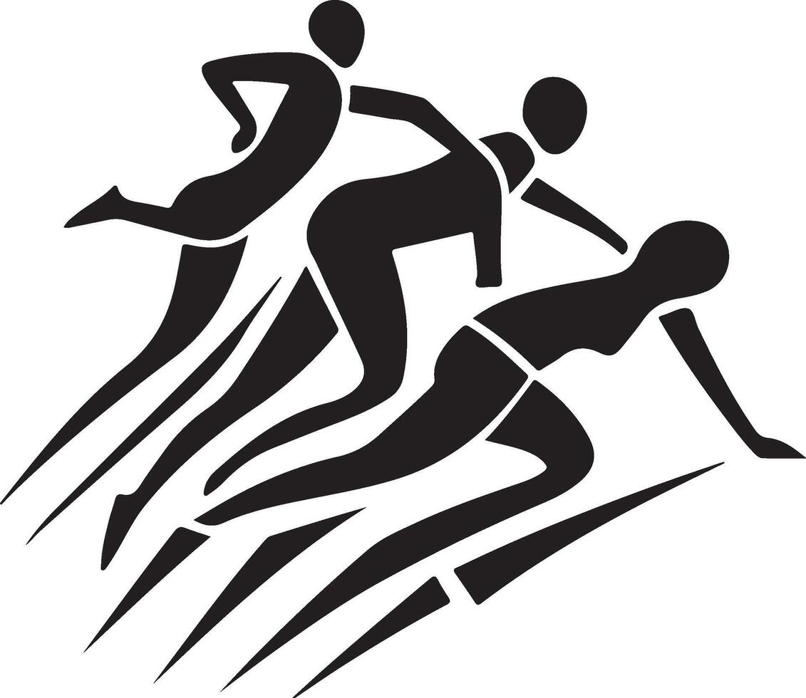 a black and white silhouette of three people running vector