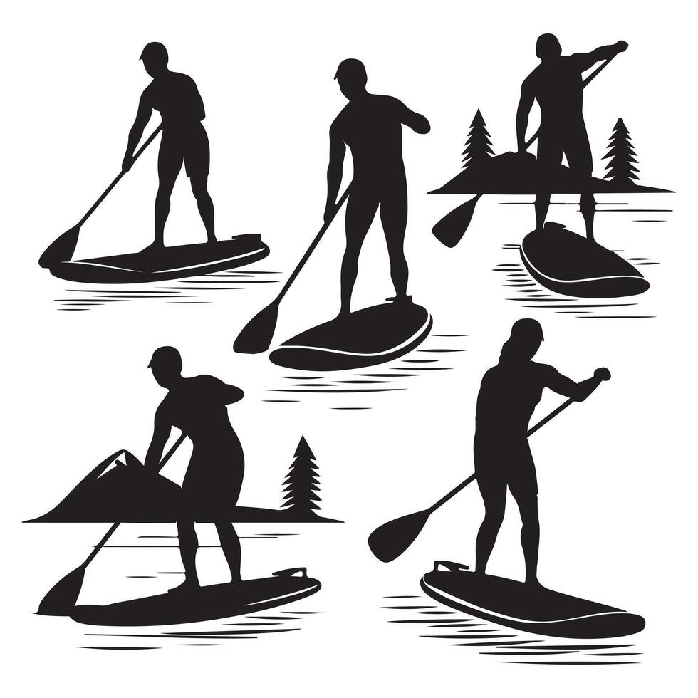 Paddle Boarding Silhouettes Iconic Water Sport Adventure Art vector