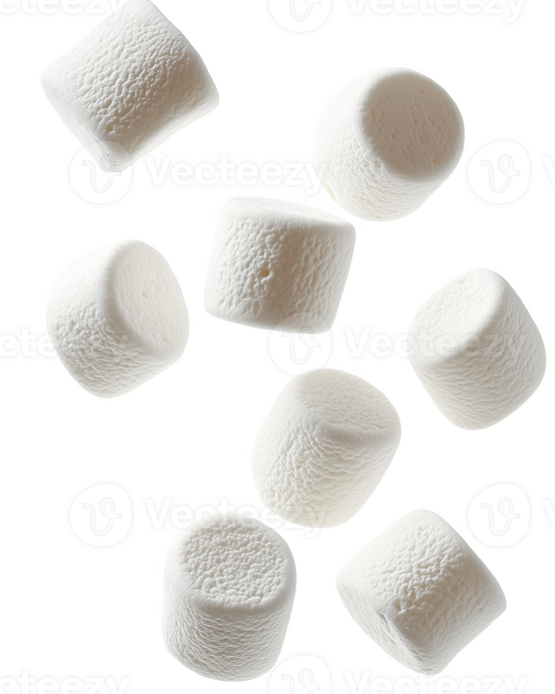 Floating gently, white marshmallows create a whimsical fantasy against a bright background png
