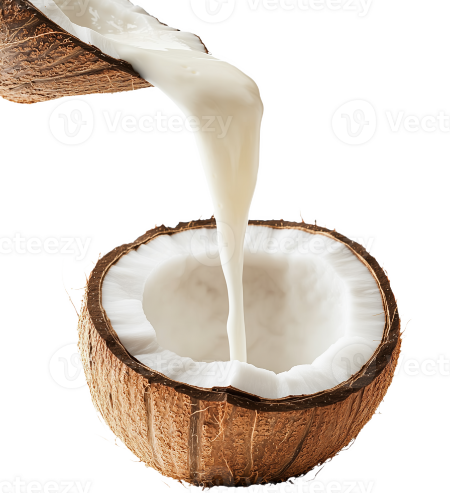 Frozen moment of coconut milk gracefully pouring from a cracked coconut shell png