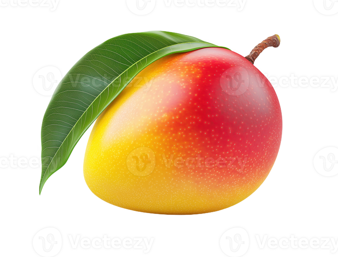 Ripened mango with a vibrant leaf showcasing natural beauty on a pure white background png