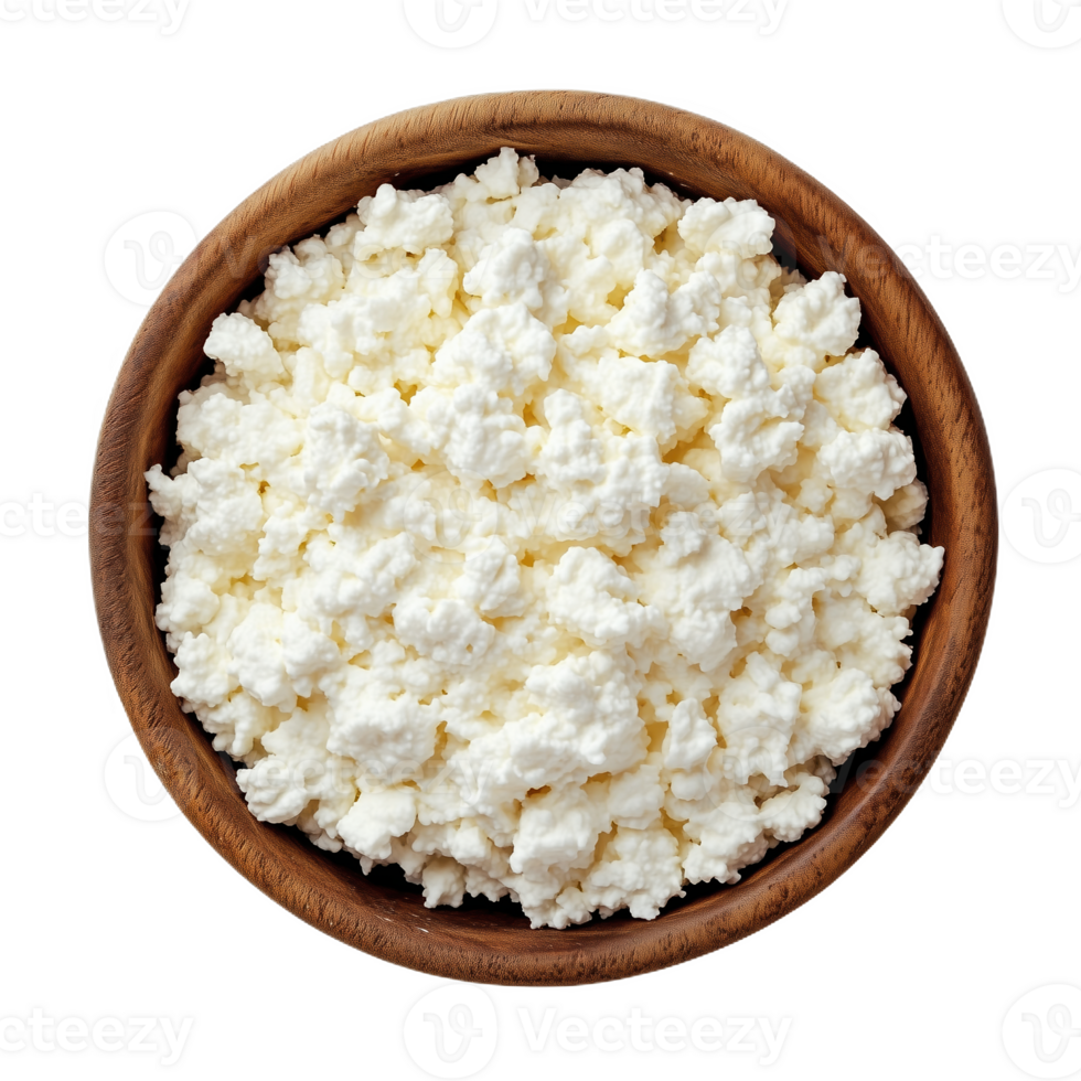 A rustic wooden bowl brimming with fresh, creamy cottage cheese ready for a delicious meal png