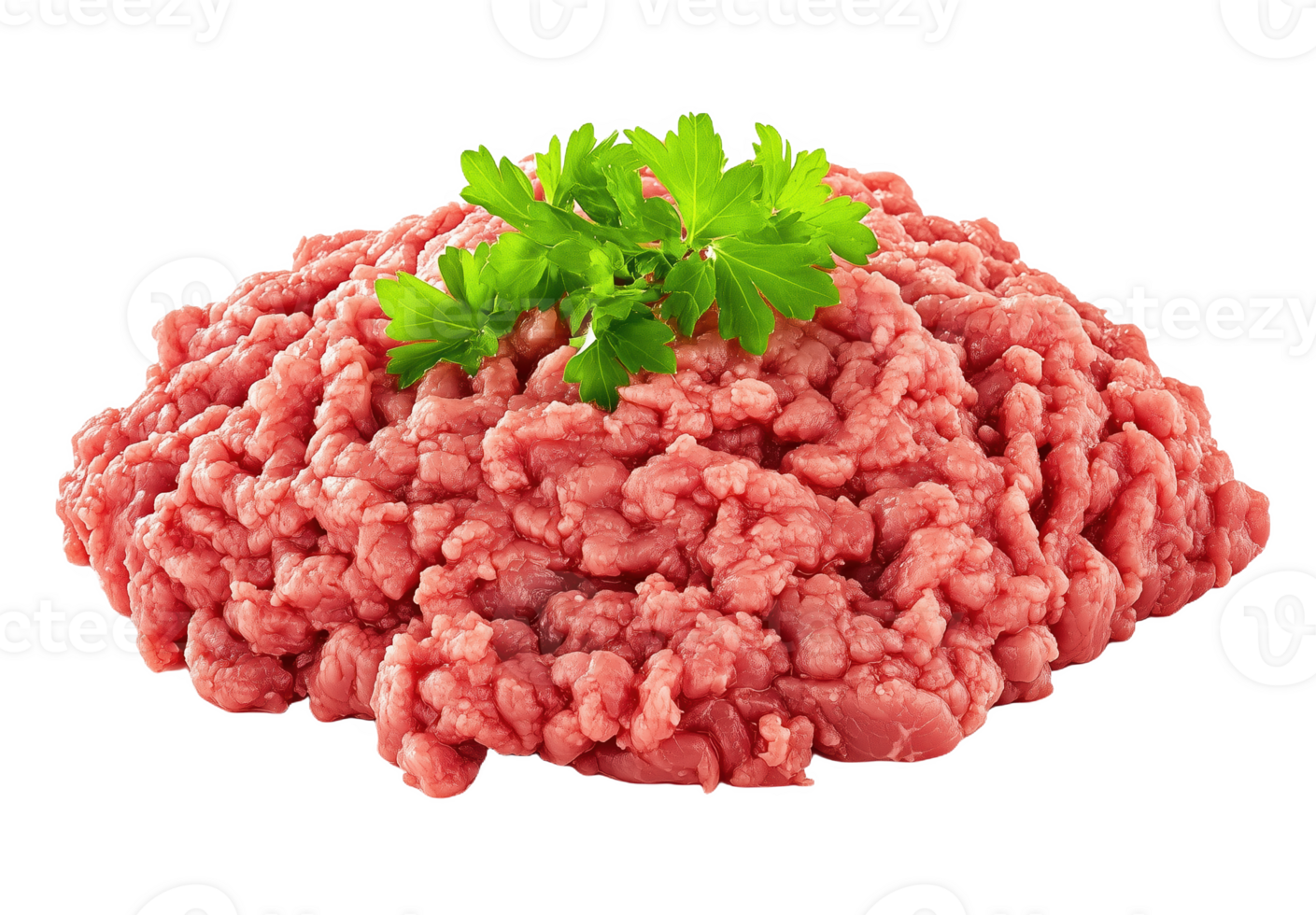 Fresh raw ground beef garnished with parsley on a clean white background for culinary use png