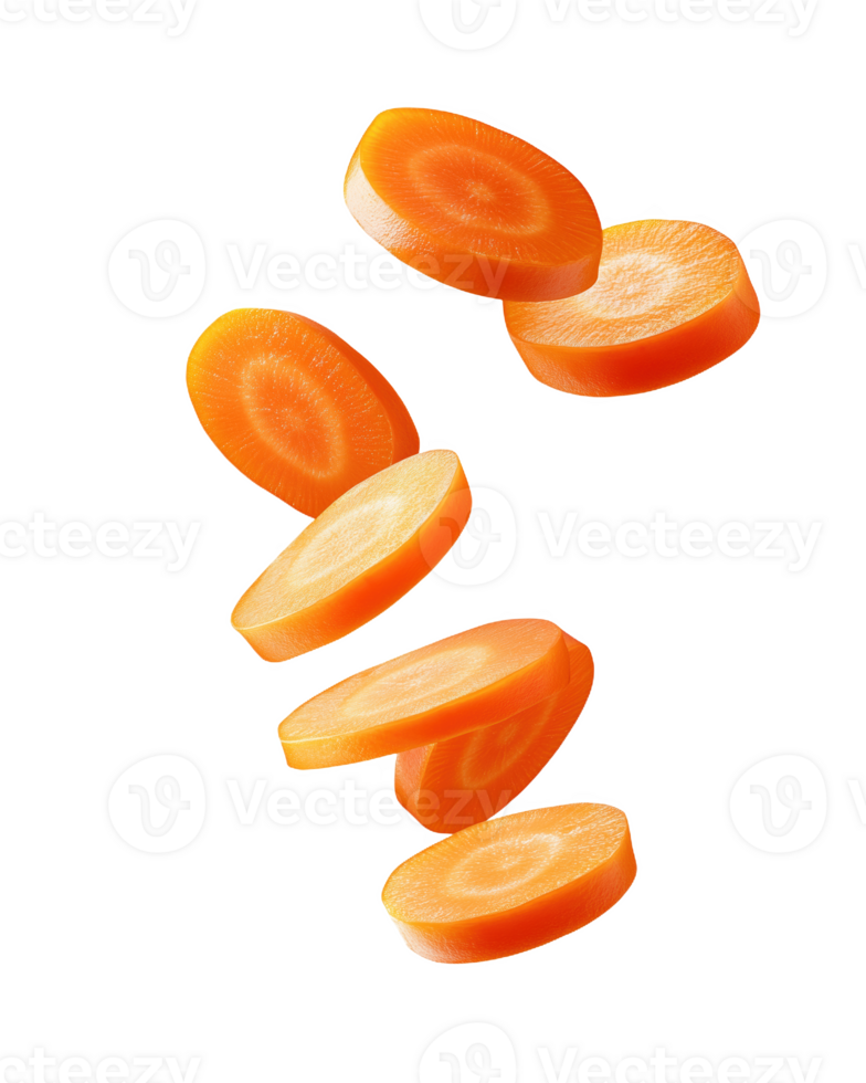 Sliced carrots suspended in mid-air, showcasing vibrant color and natural texture png