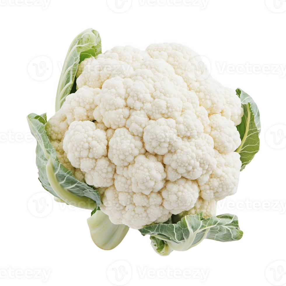 Fresh whole cauliflower with green leaves in natural light png