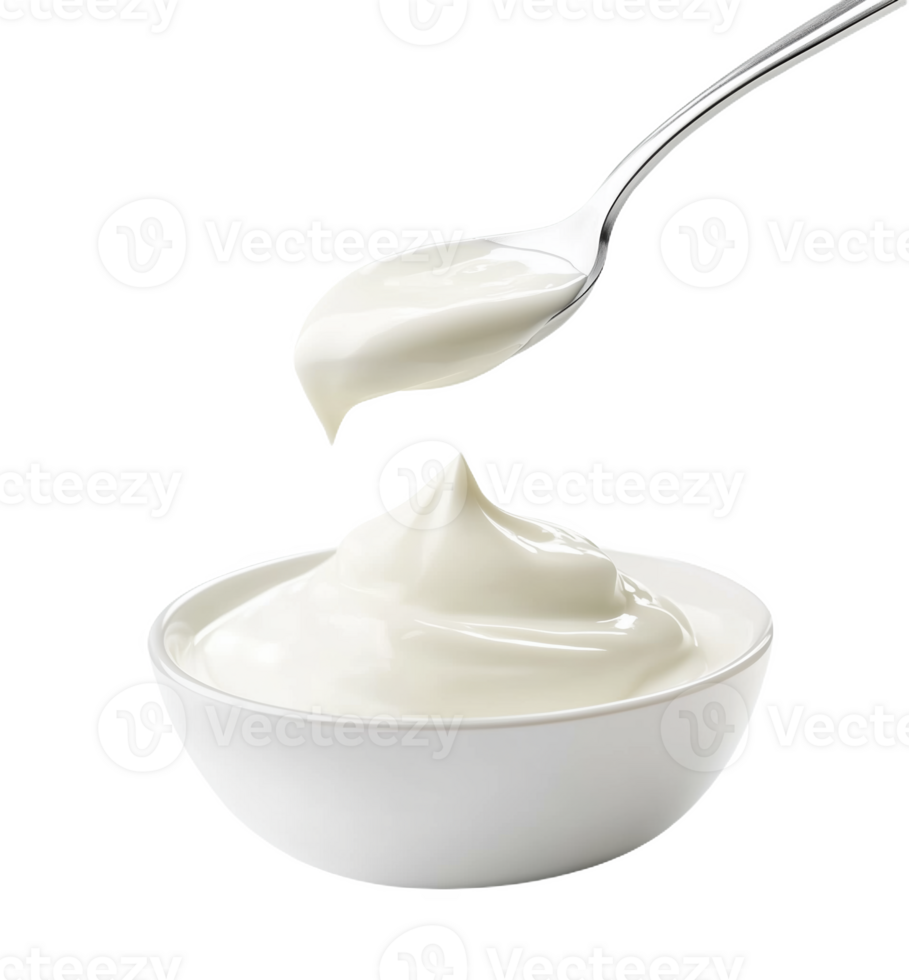 Spoonful of creamy white sour cream gracefully poured into a pristine bowl png