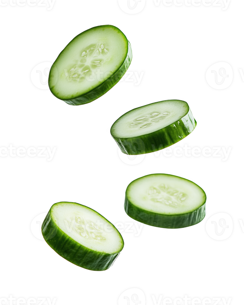 Half-sliced cucumbers float in a vibrant display png
