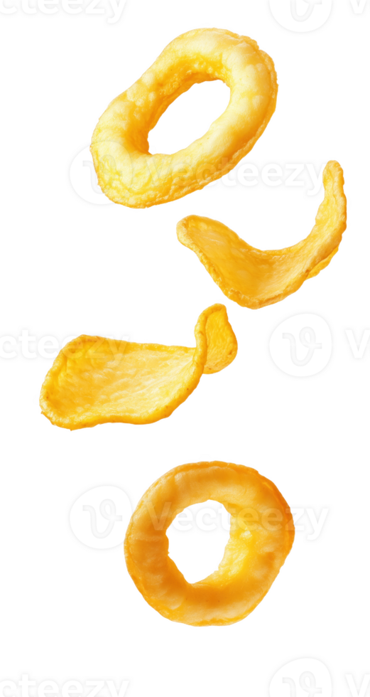 Floating cheese ring and potato chips create a playful snack spectacle in mid-air png