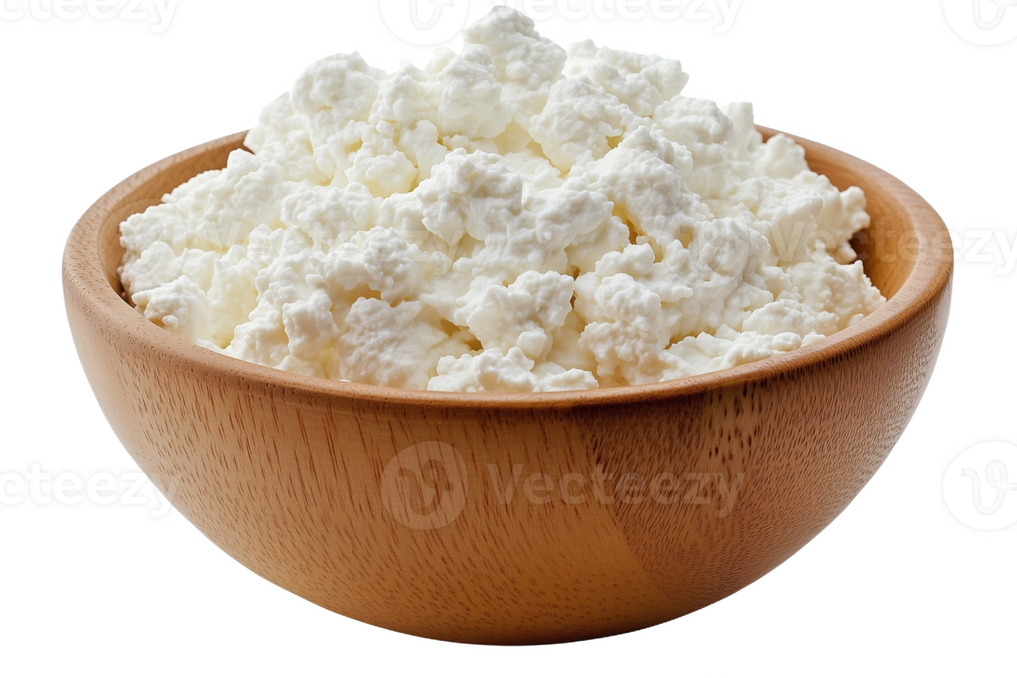 Enjoying a rustic wooden bowl filled with fresh cottage cheese on a sunny kitchen table png