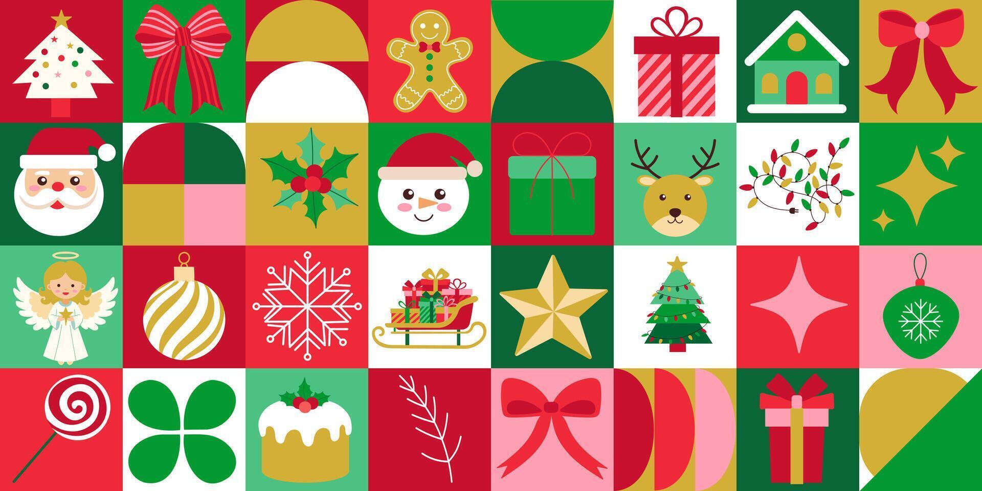 A colorful Christmas-themed image with various decorations such as a Santa hat, a reindeer, and a Christmas tree vector