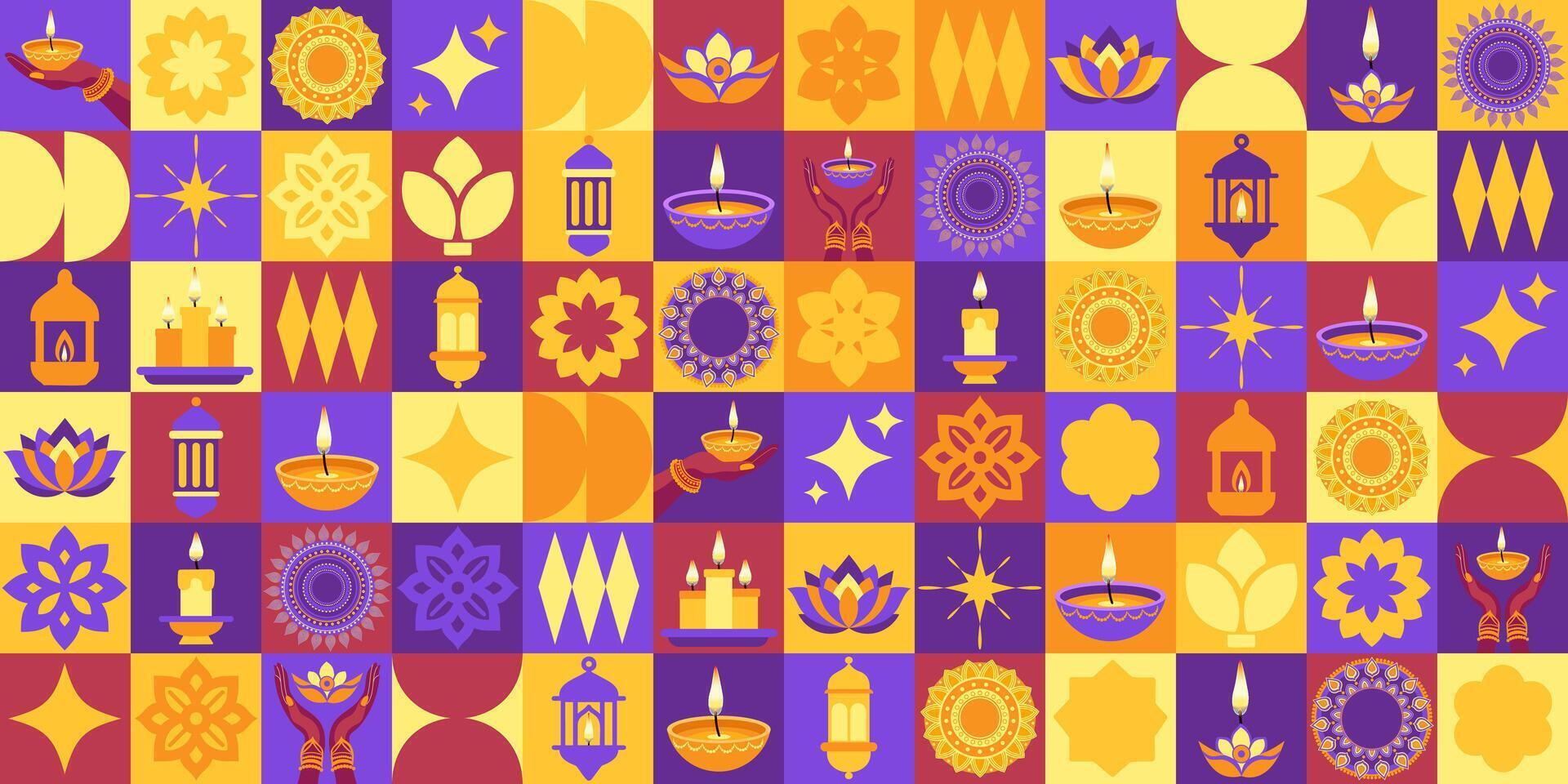 Happy Diwali icons elements with geometric pattern. A colorful and vibrant image of various symbols and patterns, including candles and lanterns, with a mood of celebration and festivity vector