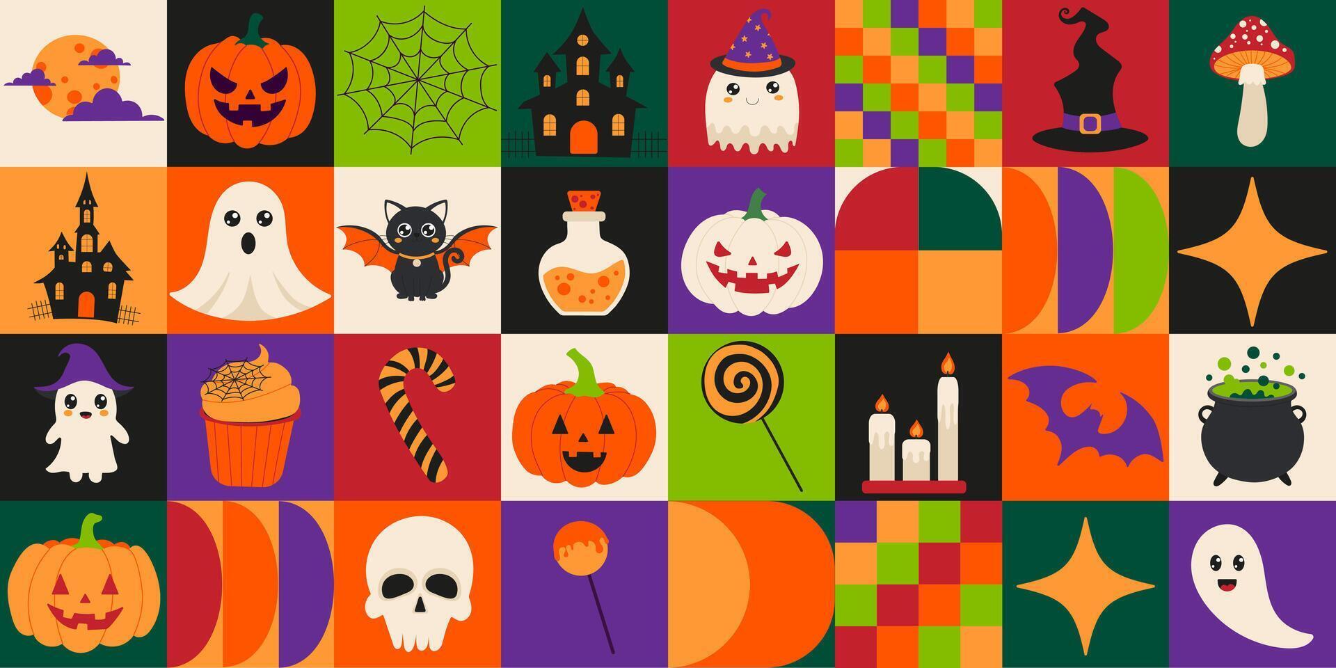 A colorful Halloween-themed image with various symbols and characters, including a pumpkin, a ghost, a witch, a vampire, and a pumpkin pie vector