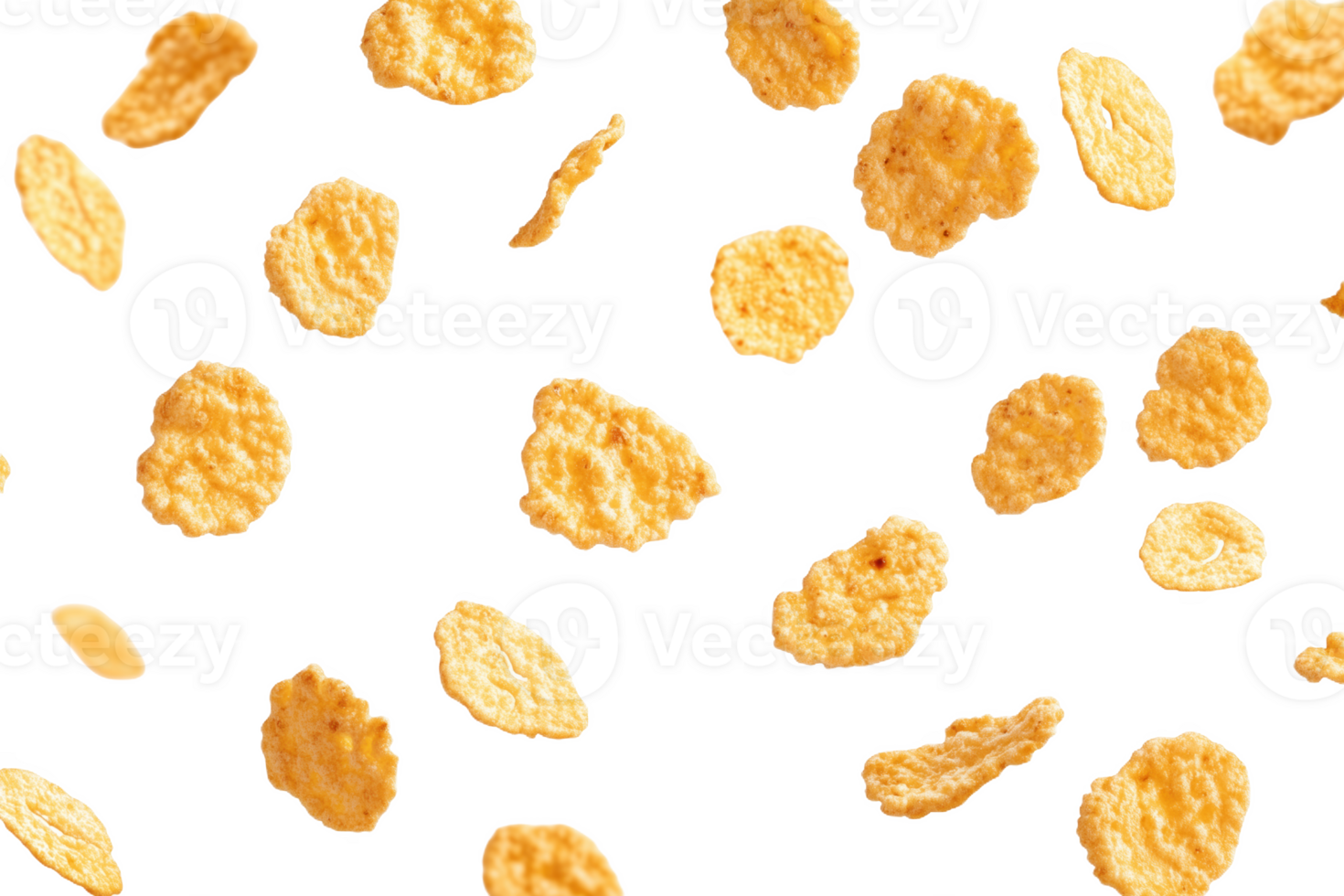 Crispy cereal flakes floating playfully in a clean white expanse of limitless imagination png