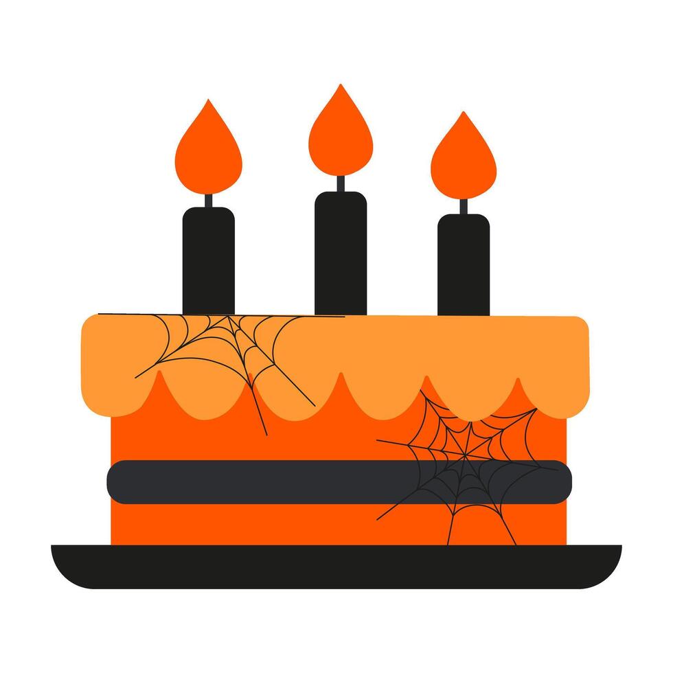 A cake with three candles on it with a spider web design. The cake is orange and black vector