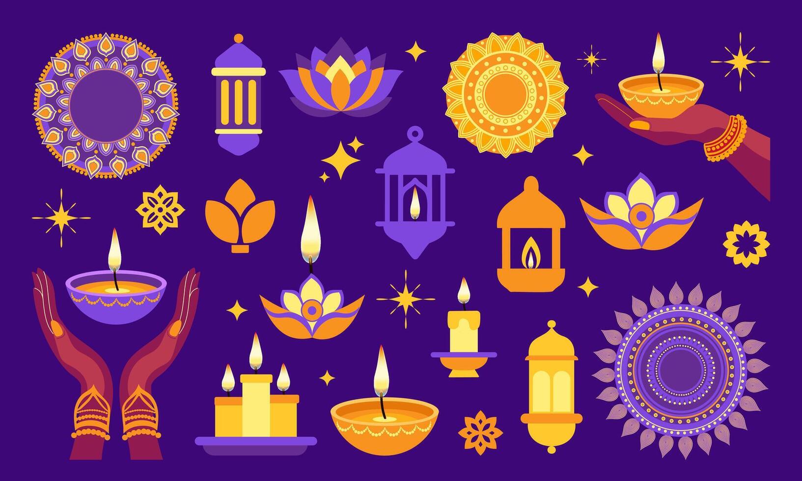 Diwali set elements. A collection of colorful symbols and images, including a hand holding a lantern, a flower, and a star vector