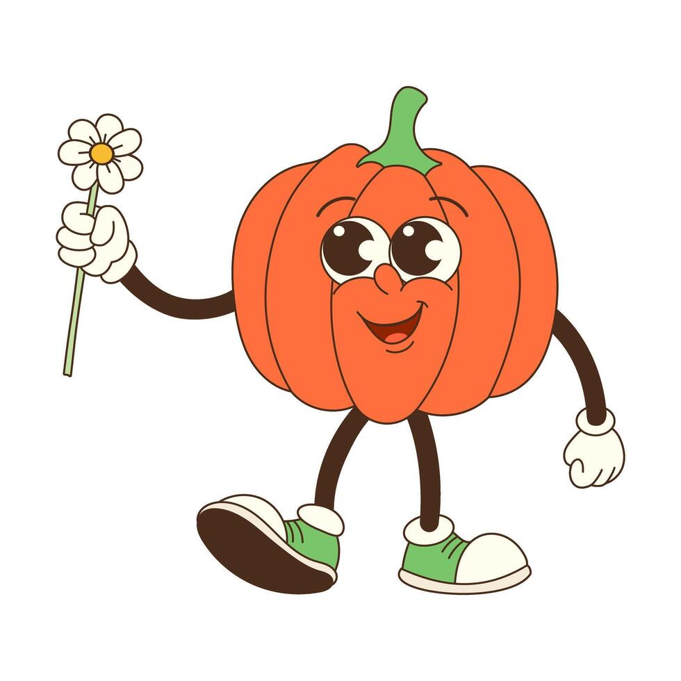 A cartoon pumpkin is holding a flower in its hand. The pumpkin is smiling and he is happy vector