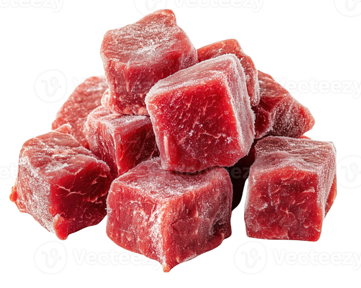 Frozen beef cubes resting on a clean white surface, ready for culinary preparation png