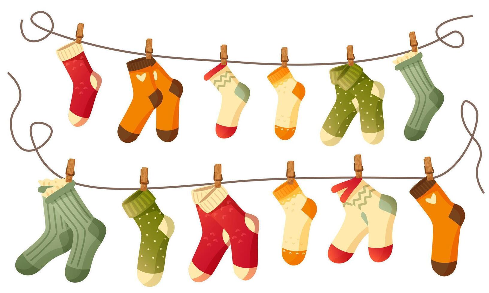 Beautiful different socks hang on a rope, secured with a clothespin. Washing, washed socks dry on a rope. Autumn and winter warm, woolen, knitted socks on a white background. An item of clothing. vector