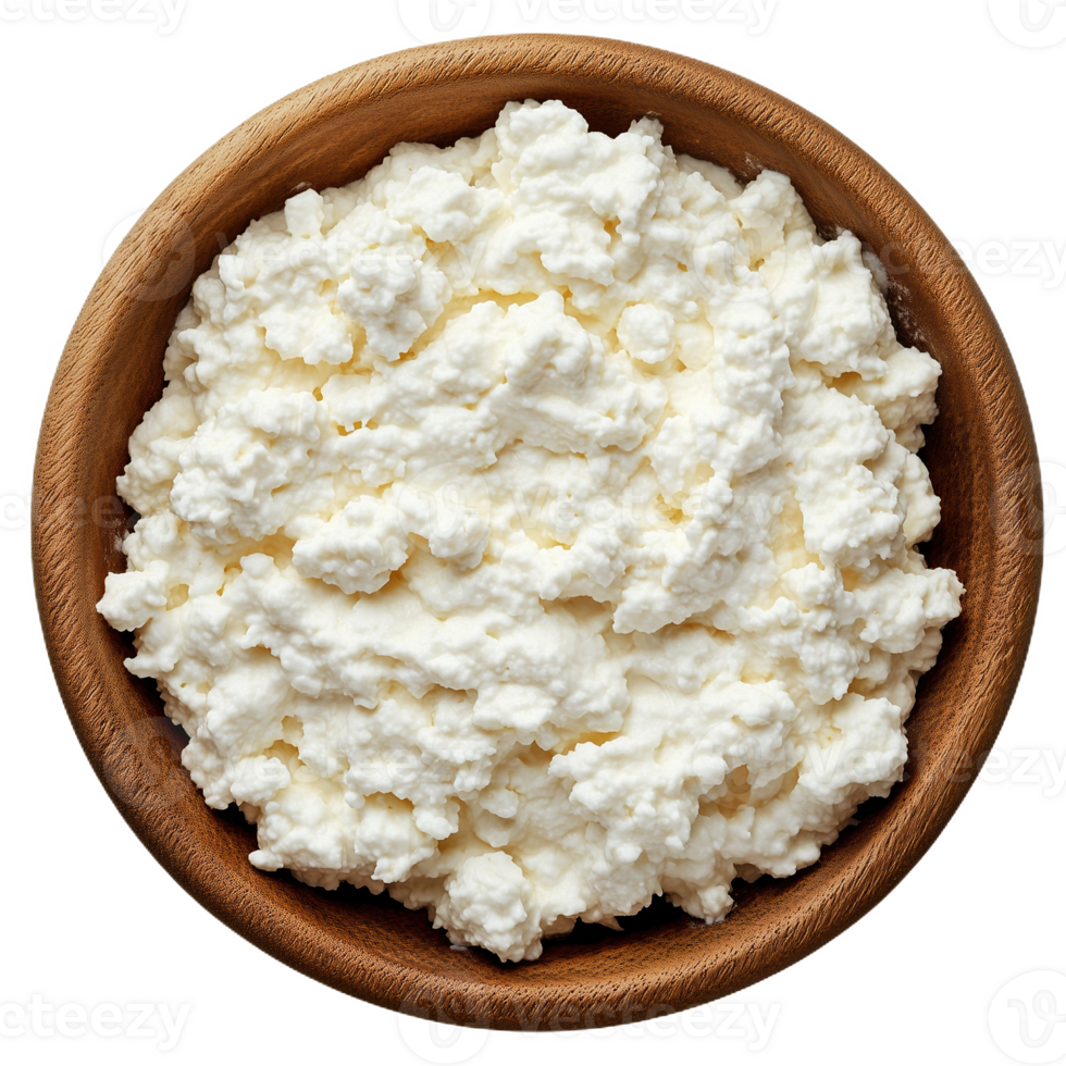 Delightful top-down view of a cozy serving of fresh cottage cheese in a wooden bowl png