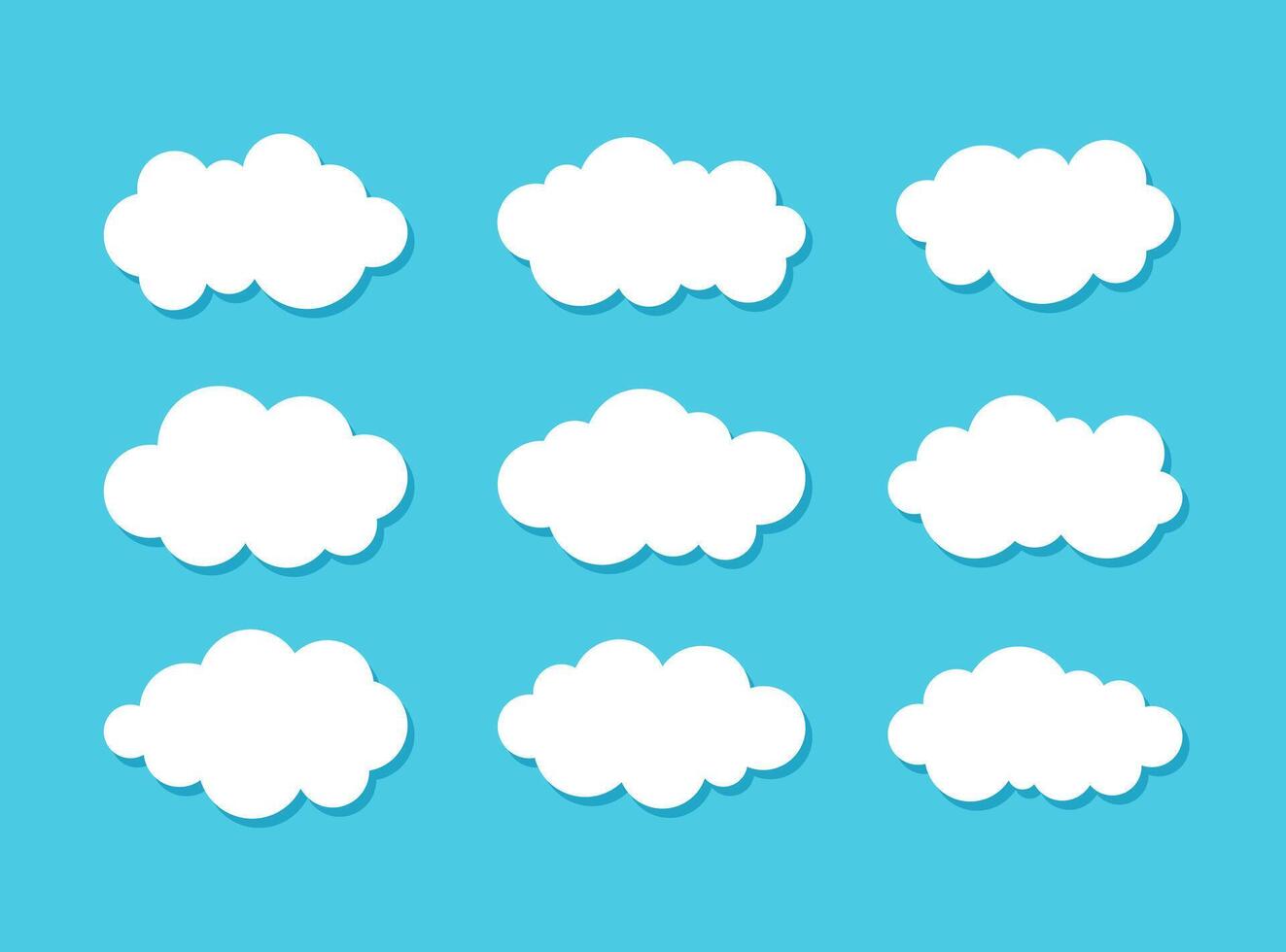 White clouds icon set with shadow on blue background. Collection of decorative cloud icons vector