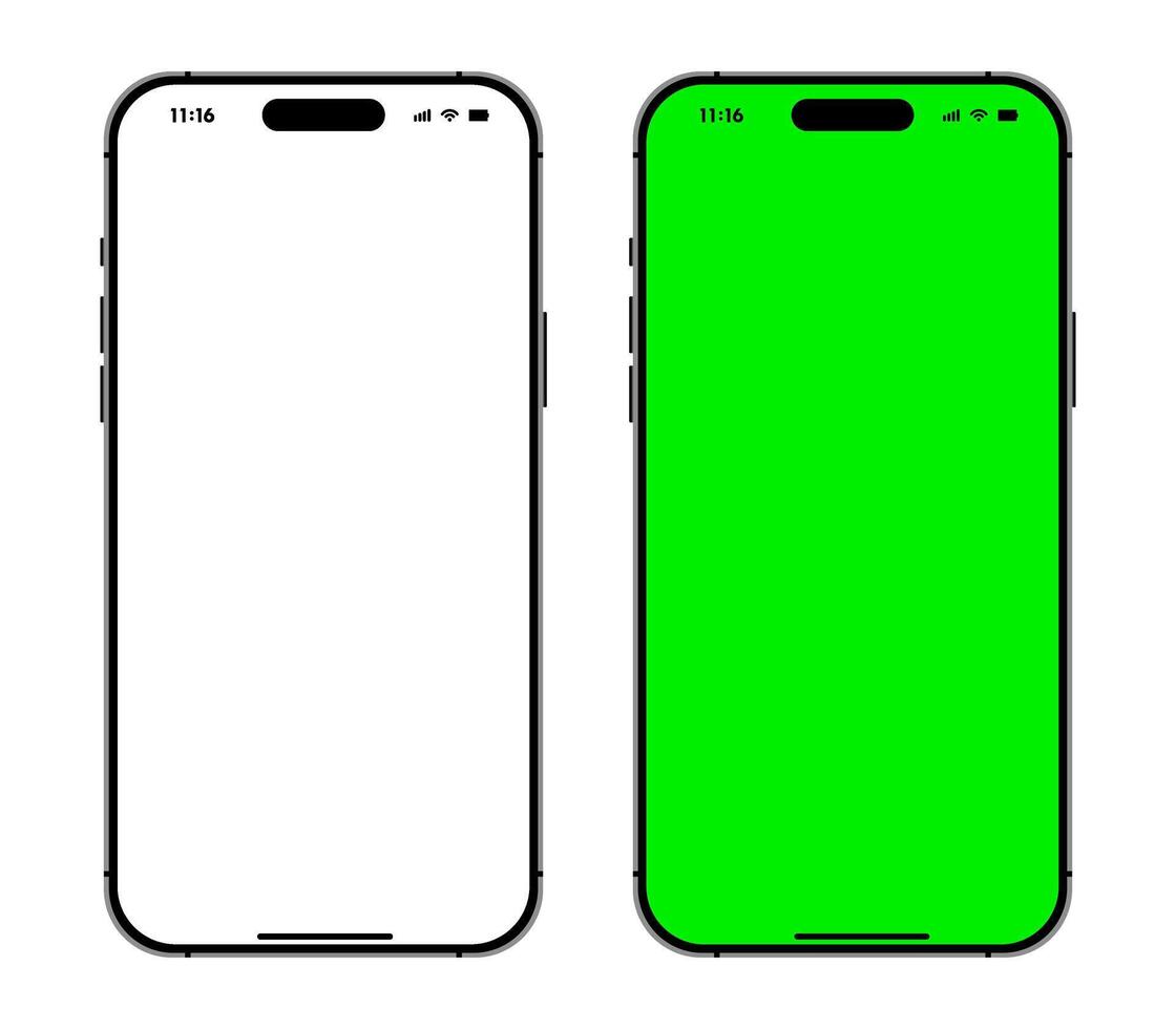 Green and white screen mobile phone mockup set. Modern smartphone devices for advertisement and user interface design vector