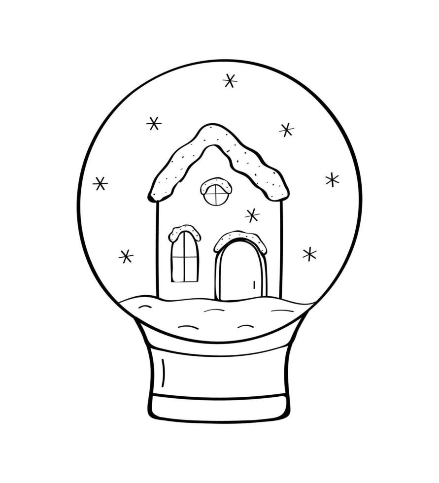 Christmas house in a decorated snow glass ball. illustration Christmas glass sphere doodle icon. Isolated on white. vector