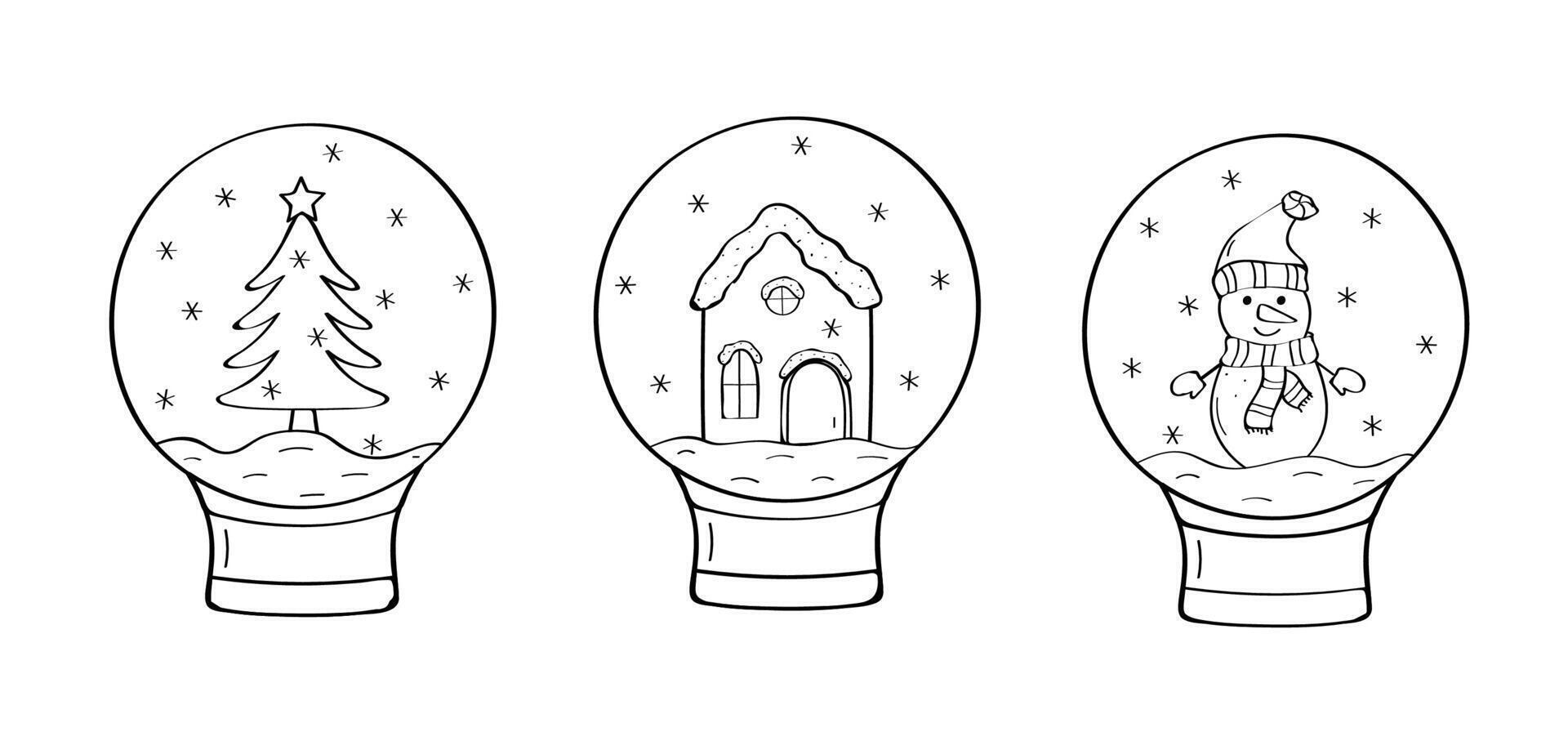 Christmas glass sphere doodle icons set. illustration of a snowman, a Christmas tree and a gingerbread house in a decorated snow glass ball. vector
