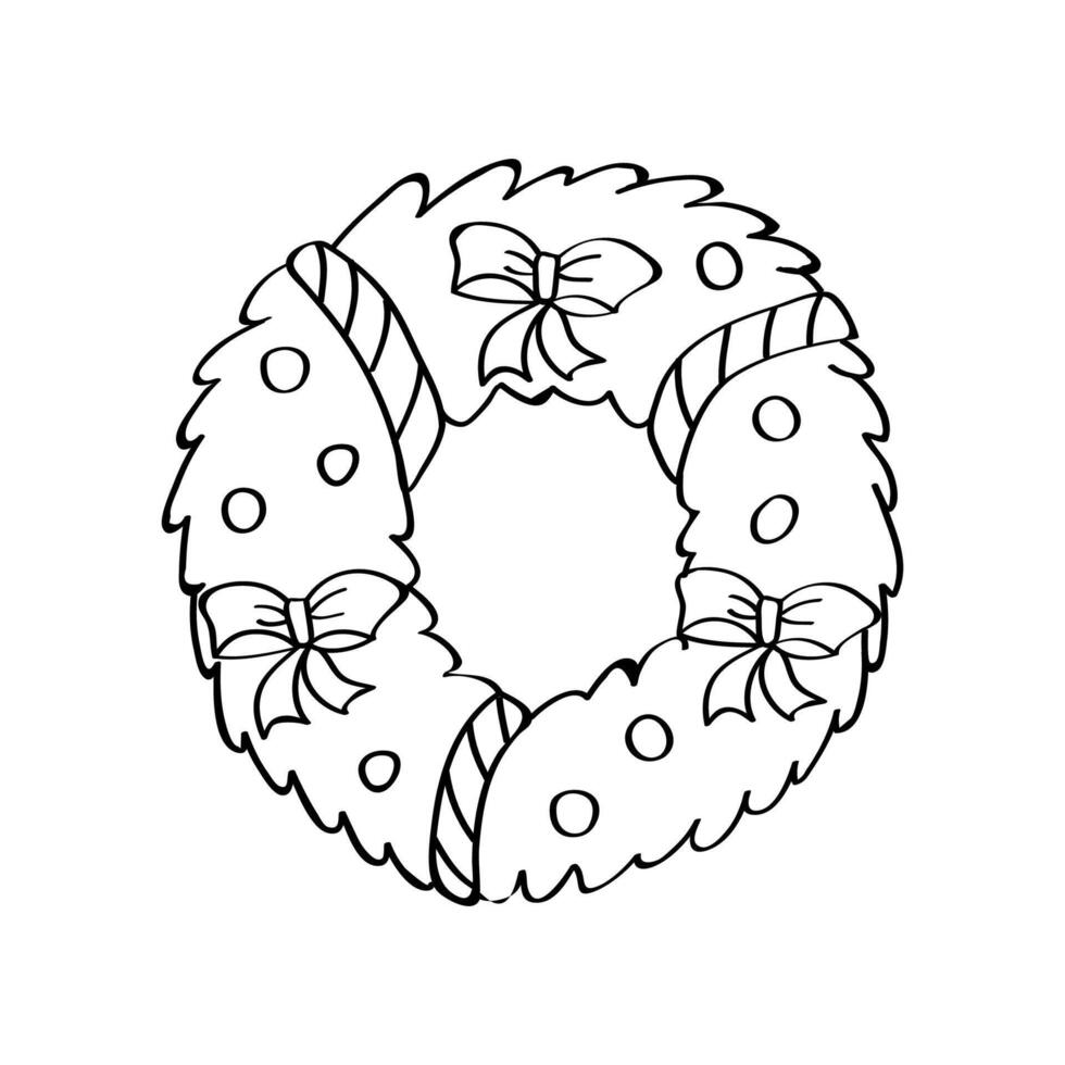 Christmas wreath doodle icon. illustration of a festive decoration made of fir trees, branches, bows and toys. vector