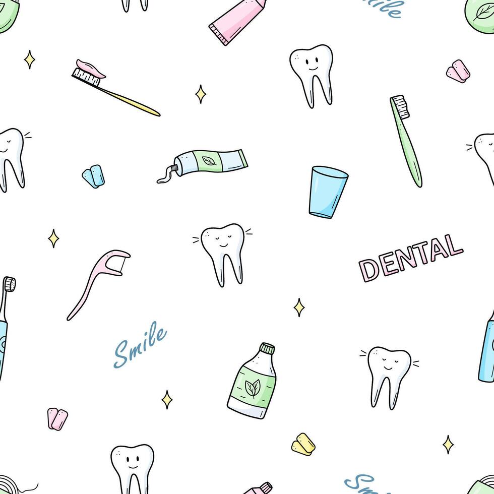 Seamless Pattern Dentistry set icons. illustration of elements for the treatment and care of teeth. Background wallpaper. vector
