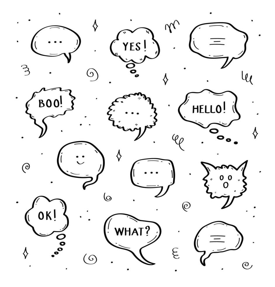 bubbles hand drawn with hello, OK, yes, boo, what. Abstract lines and other doodle elements are hand drawn for conceptual design. A set of illustrations of icon templates for decoration. vector