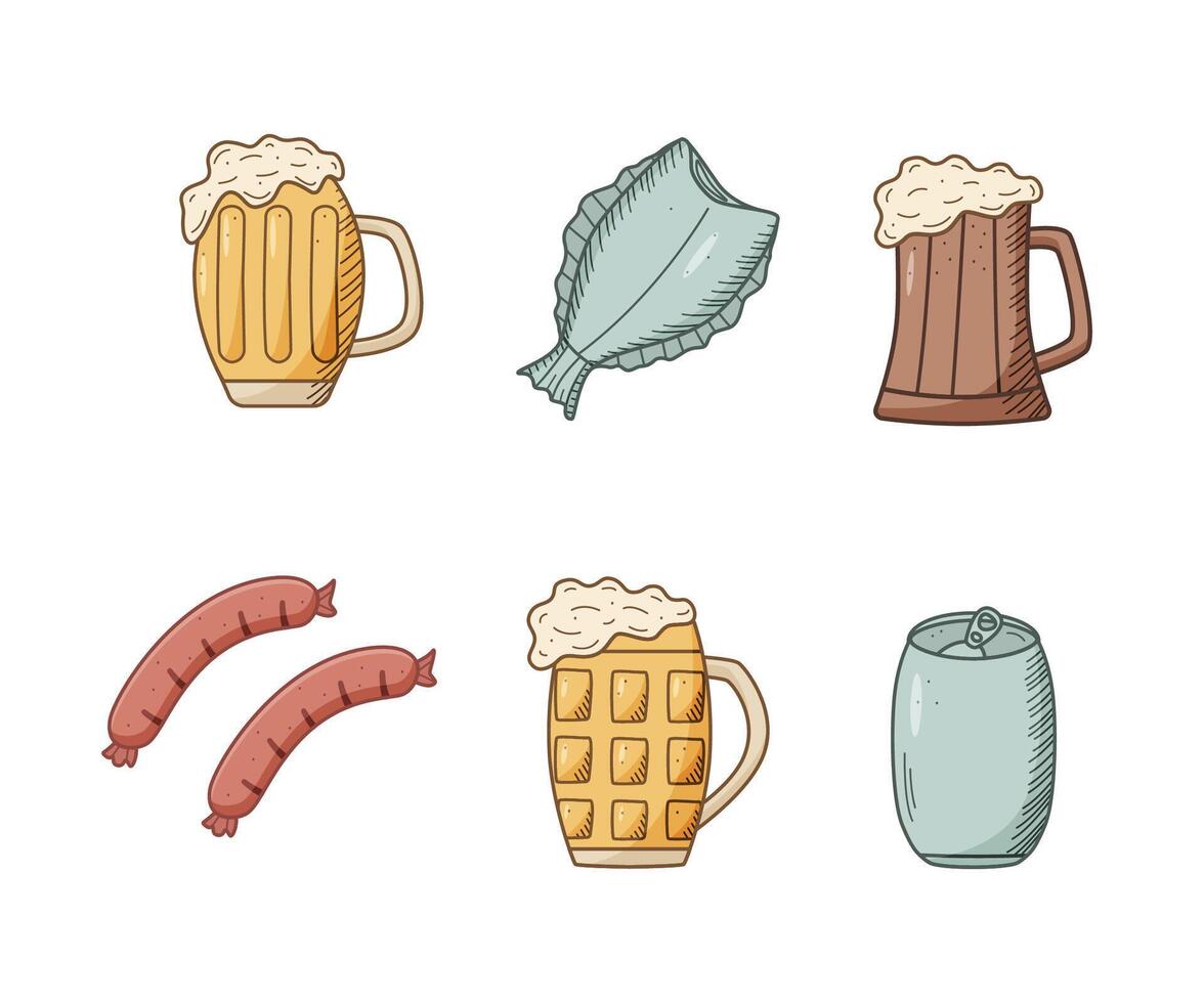 Beer doodle icons set. illustration of Pub elements beer and snacks. Drawing Oktoberfest or bar. vector