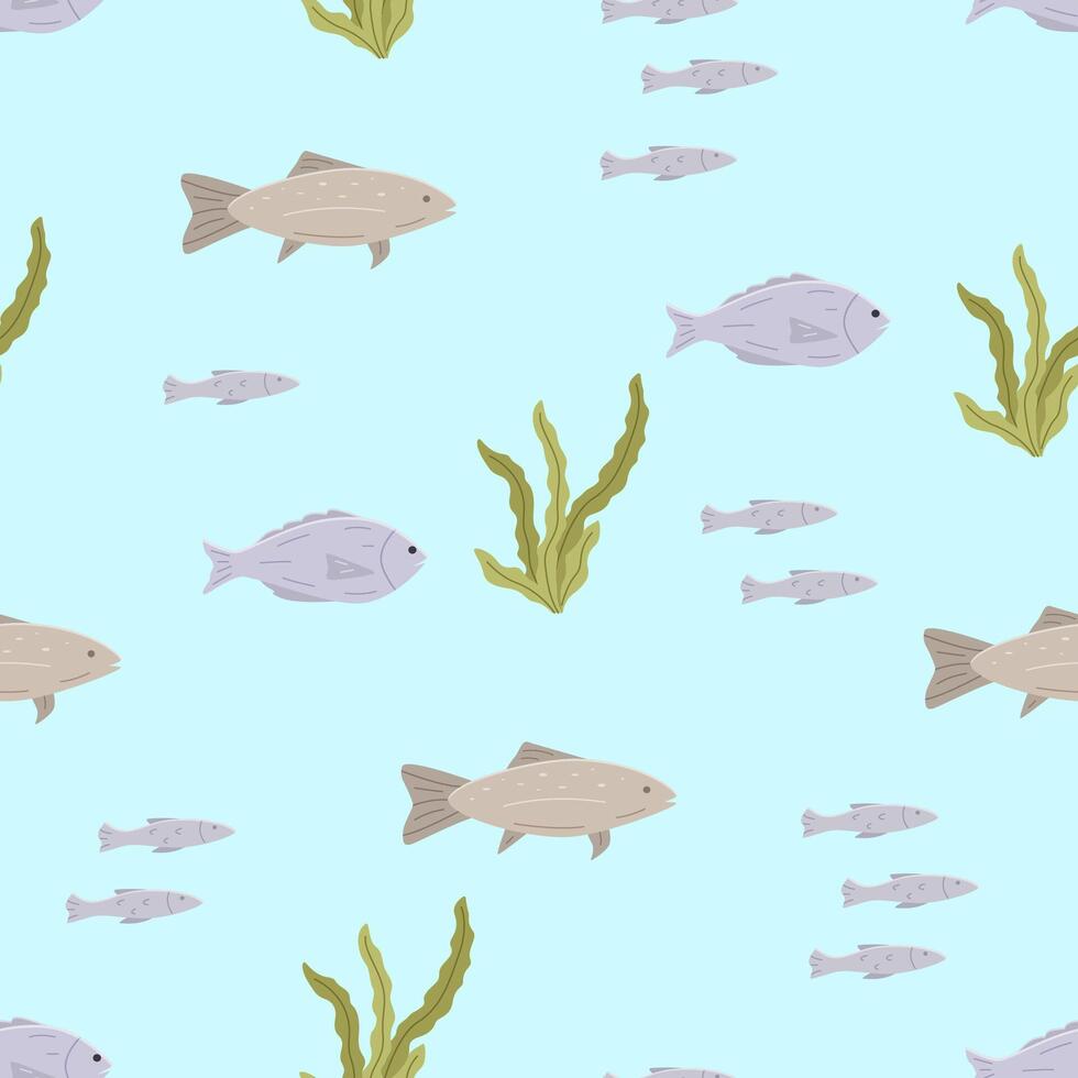 Seamless pattern with fish and algae color. illustration dorado carp, background. vector