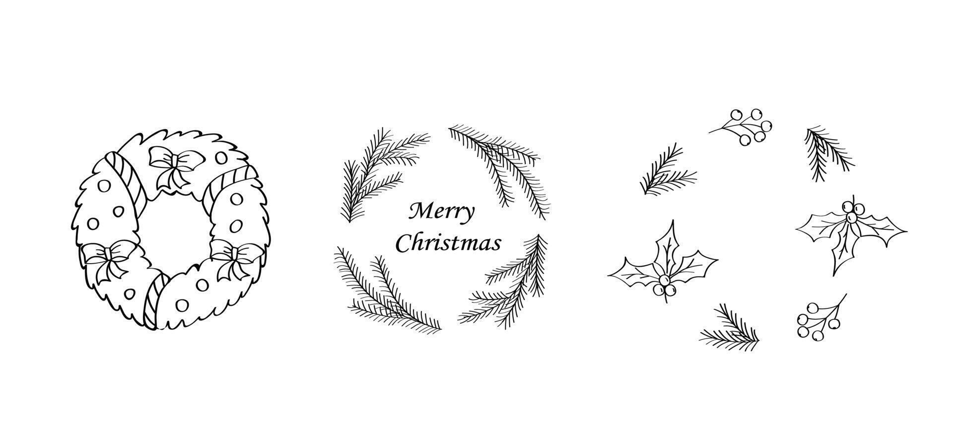 Christmas wreath doodle icon set. illustration of a festive decoration made of fir trees, branches, bows and toys. vector