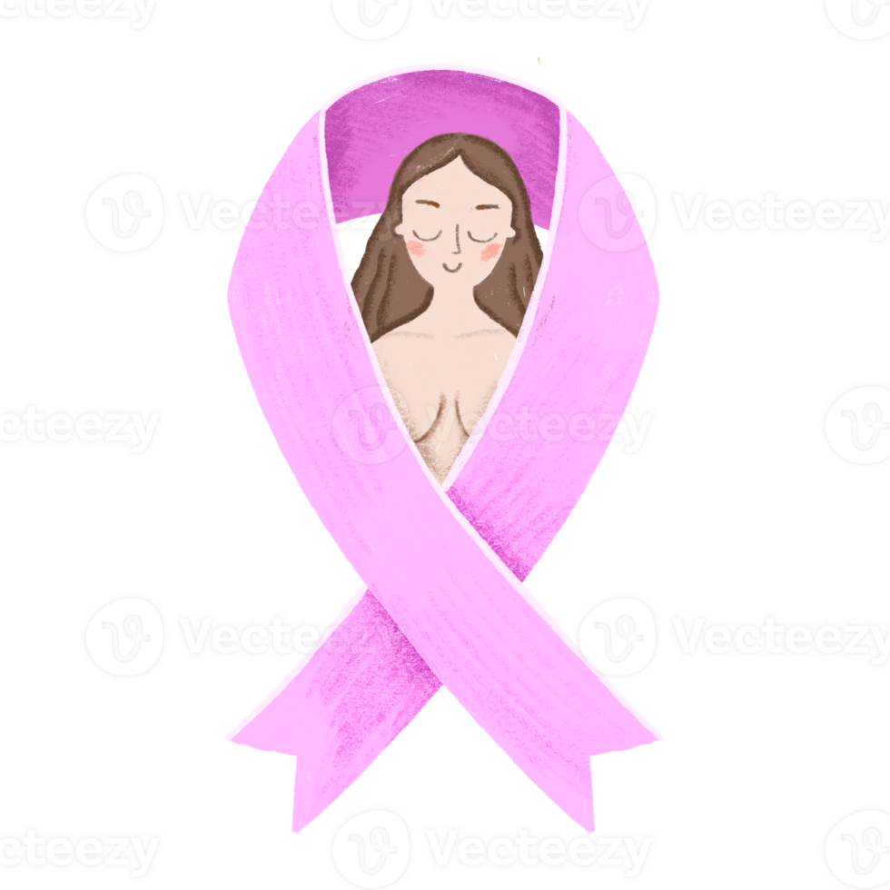 Pink ribbon and woman. Breast Cancer Awareness Month. Hand drawn Illustration Women health care support . Female fight png