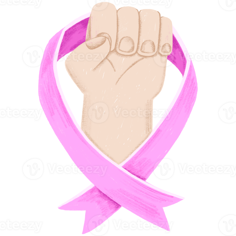 Pink ribbon and fist. Breast Cancer Awareness Month. Hand drawn Illustration Women health care support . Female fight png