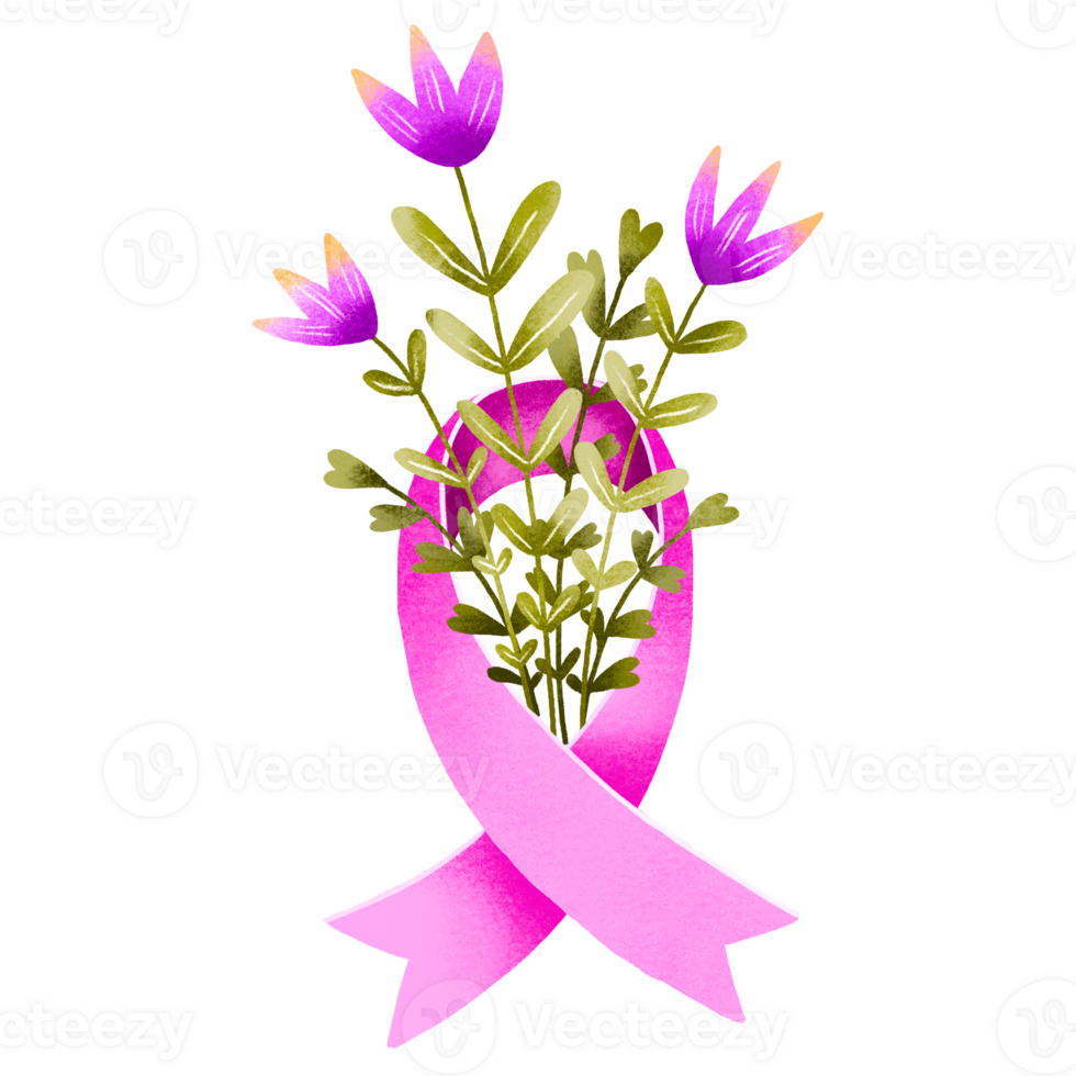 Breast Cancer pink ribbon and blossom flower bouquet. Mammography. Hand drawn greeting card. Woman health care. Breast Cancer png