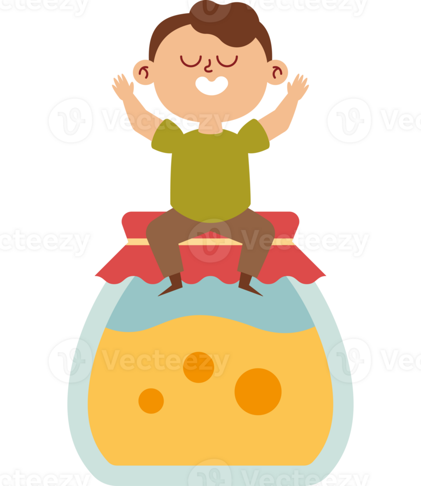 A boy is sitting on top of a jar of cheese png