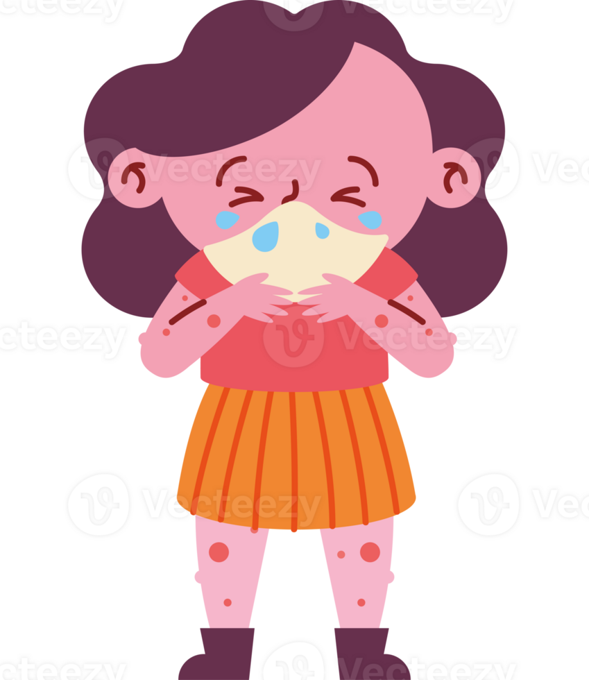 A girl with a cold is blowing her nose png