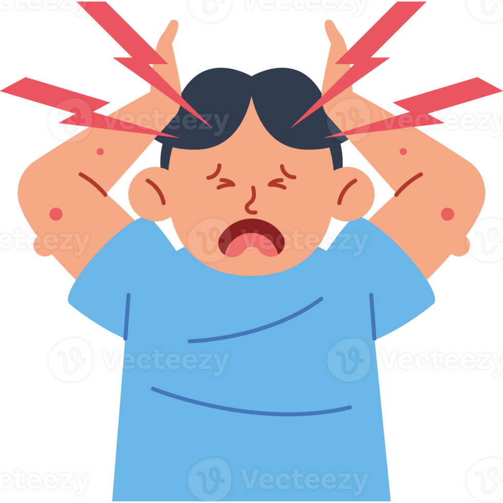 A man with a headache and lightning bolts on his head png